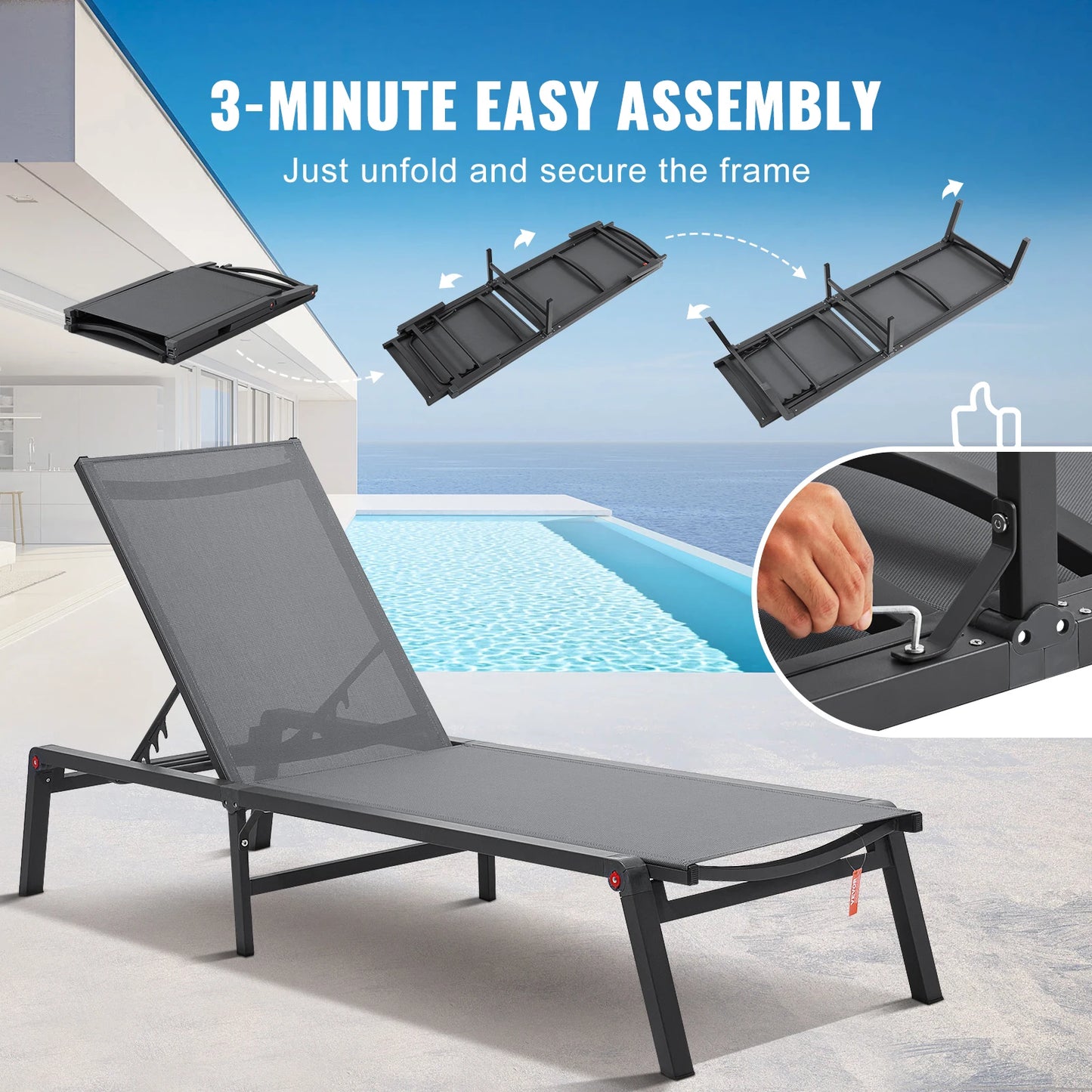 Outdoor Aluminum Chaise Lounge Chair Folding Pool Recliner