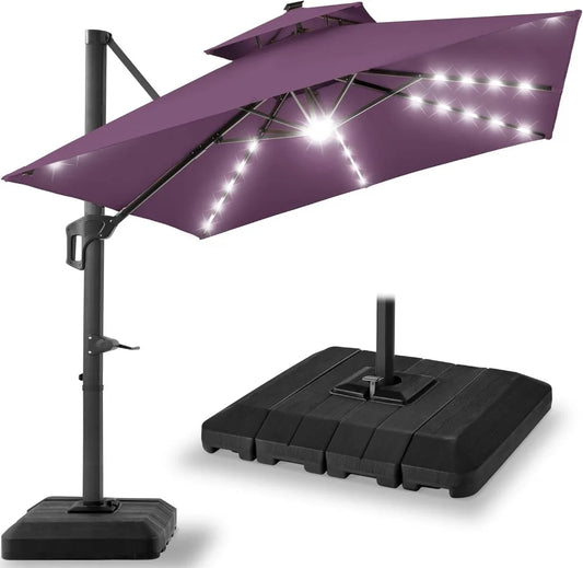 10x10ft Cantilever Patio Umbrella w/Base Included, Solar LED Lights 360 Rotation Large Offset Hanging Outdoor Shade for Deck