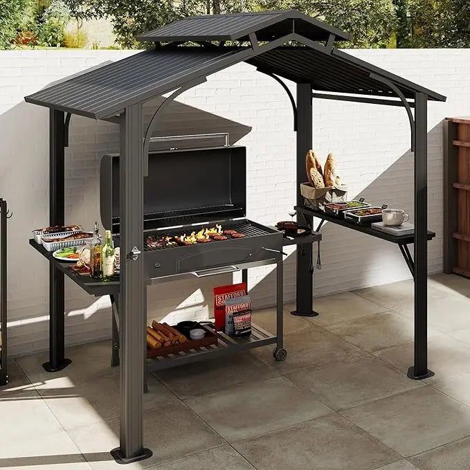 8x5FT Hardtop Grill Gazebo, Grill Canopy for Outdoor Grill w/Double Galvanized Steel Roof, 2 Side Shelves and Ceiling Hooks