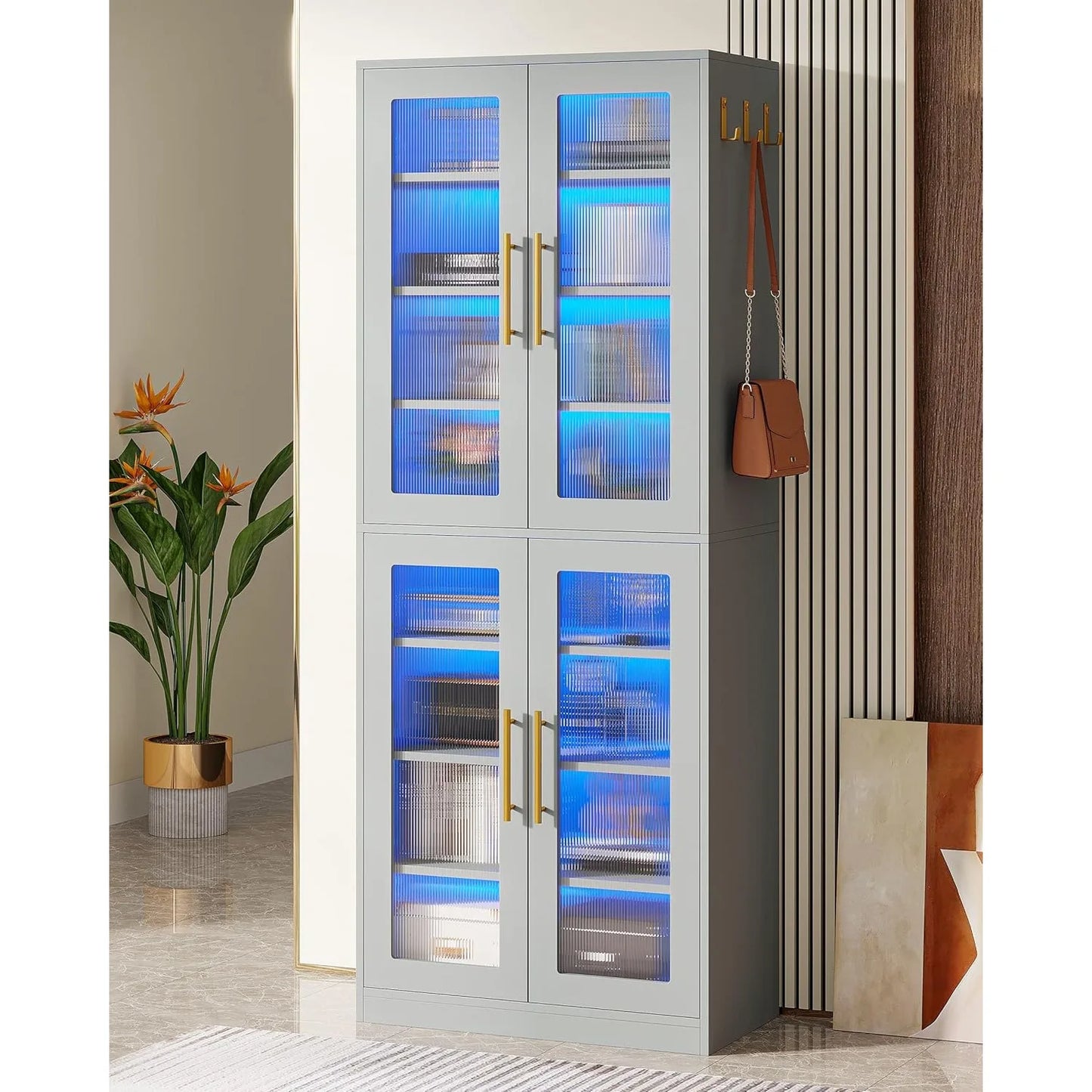 Bookcase with Doors and LED Light, 67-inch Tall Bookshelf with 8-Tier Shelves for Living Room, Bathroom, Office, Kitchen