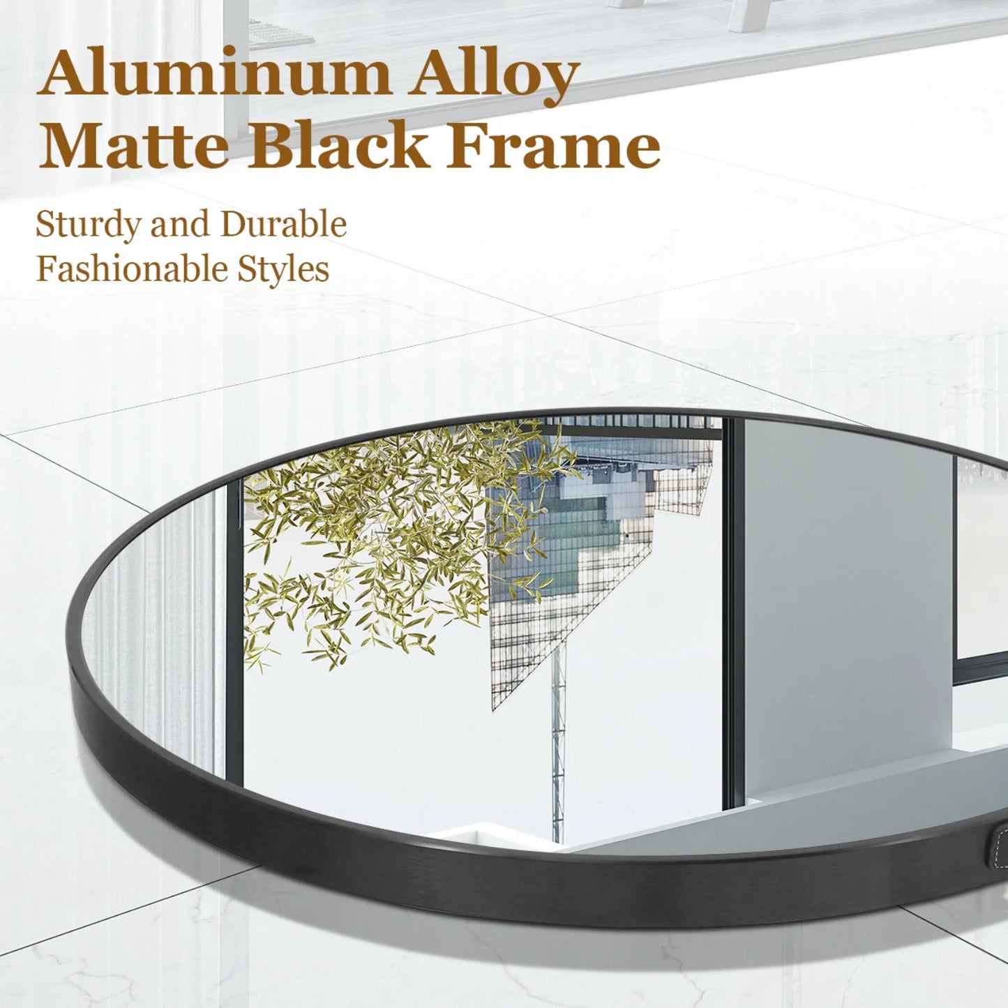Black/Gold Round Mirror Wall Circle Vanity Mirror with Brushed Aluminum and Leather Strap for Entryway, Bathroom 60/70/80CM