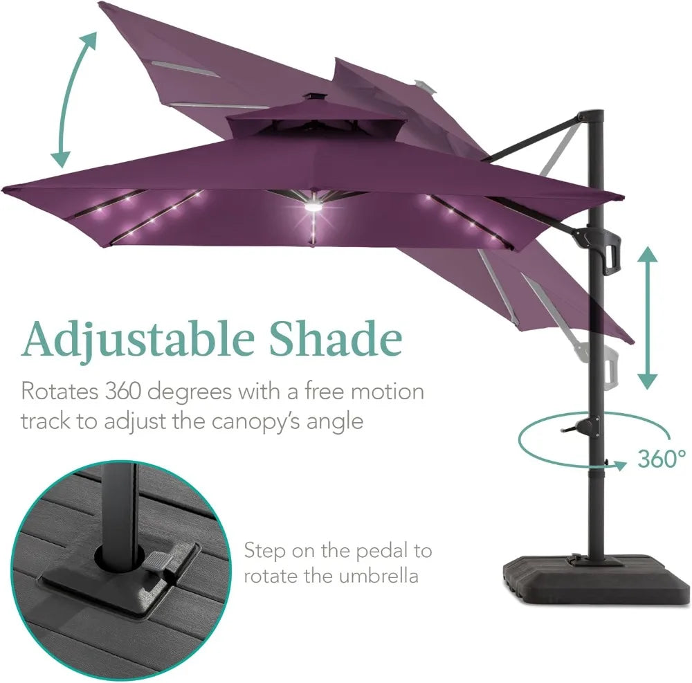 10x10ft Cantilever Patio Umbrella w/Base Included, Solar LED Lights 360 Rotation Large Offset Hanging Outdoor Shade for Deck