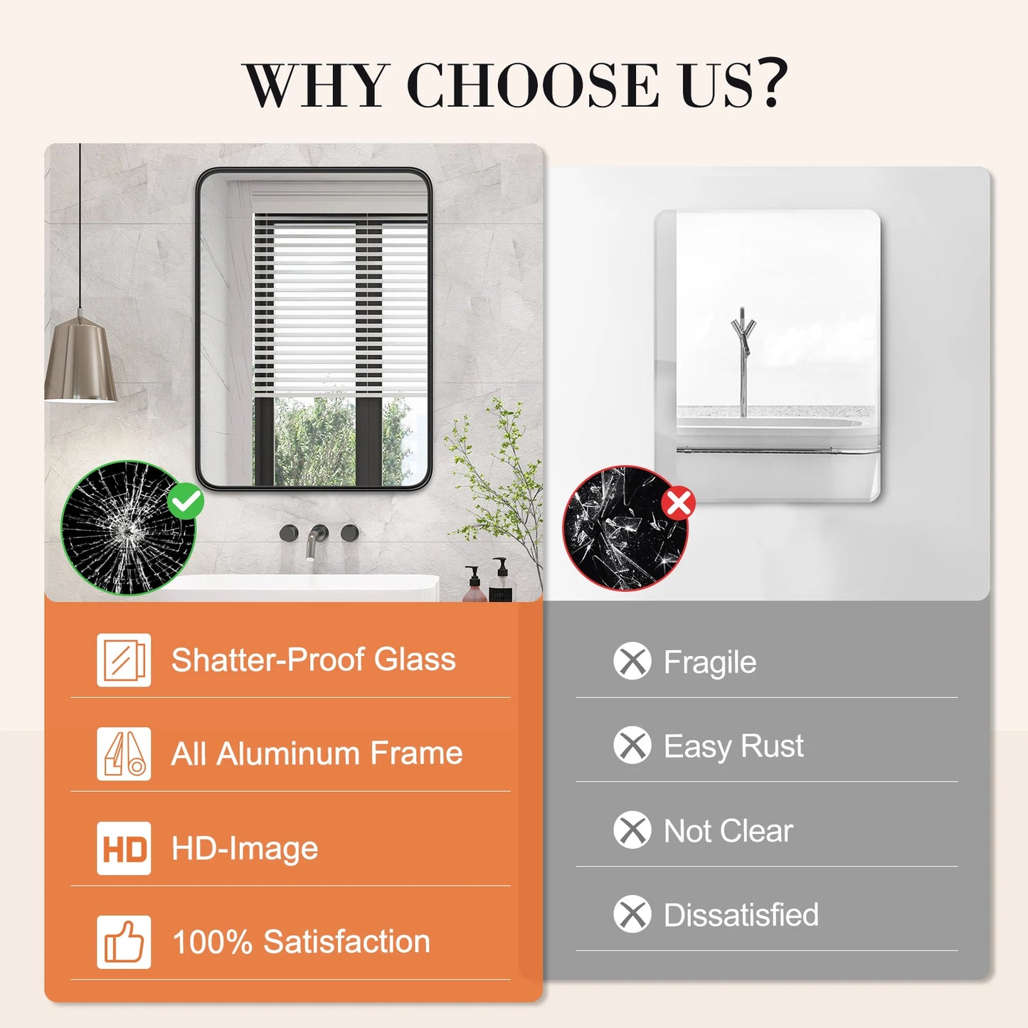 Matte Metal Framed Bathroom Mirror With Clear Reflection
