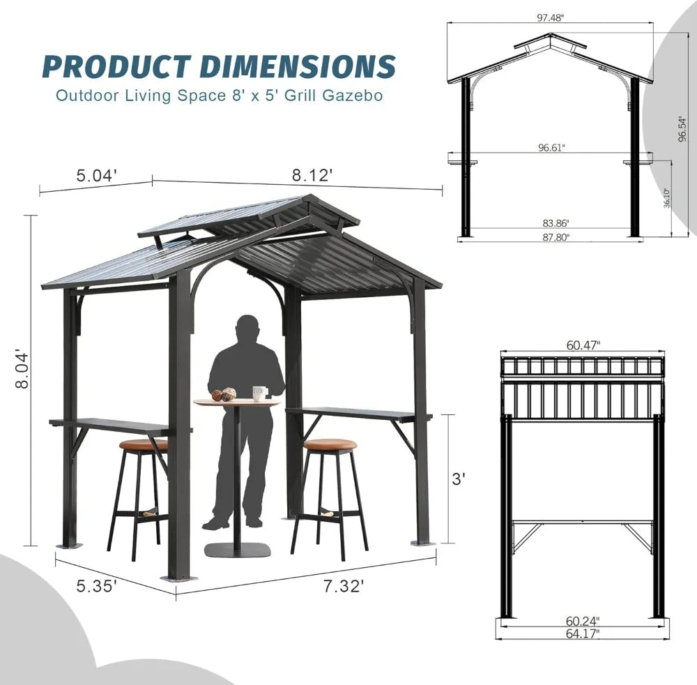 8x5FT Hardtop Grill Gazebo, Grill Canopy for Outdoor Grill w/Double Galvanized Steel Roof, 2 Side Shelves and Ceiling Hooks