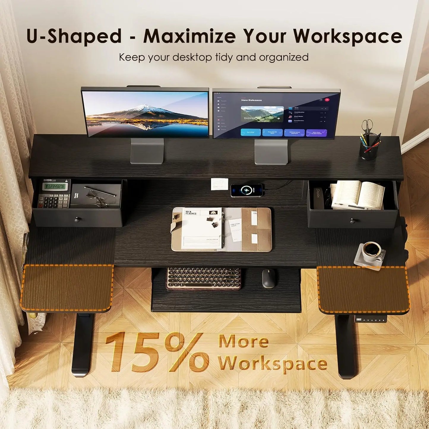 U Shaped Electric Standing Desk with Drawers, 55 Inch Height Adjustable Desk with Keyboard Tray ＆ Ergonomic Monitor Stand