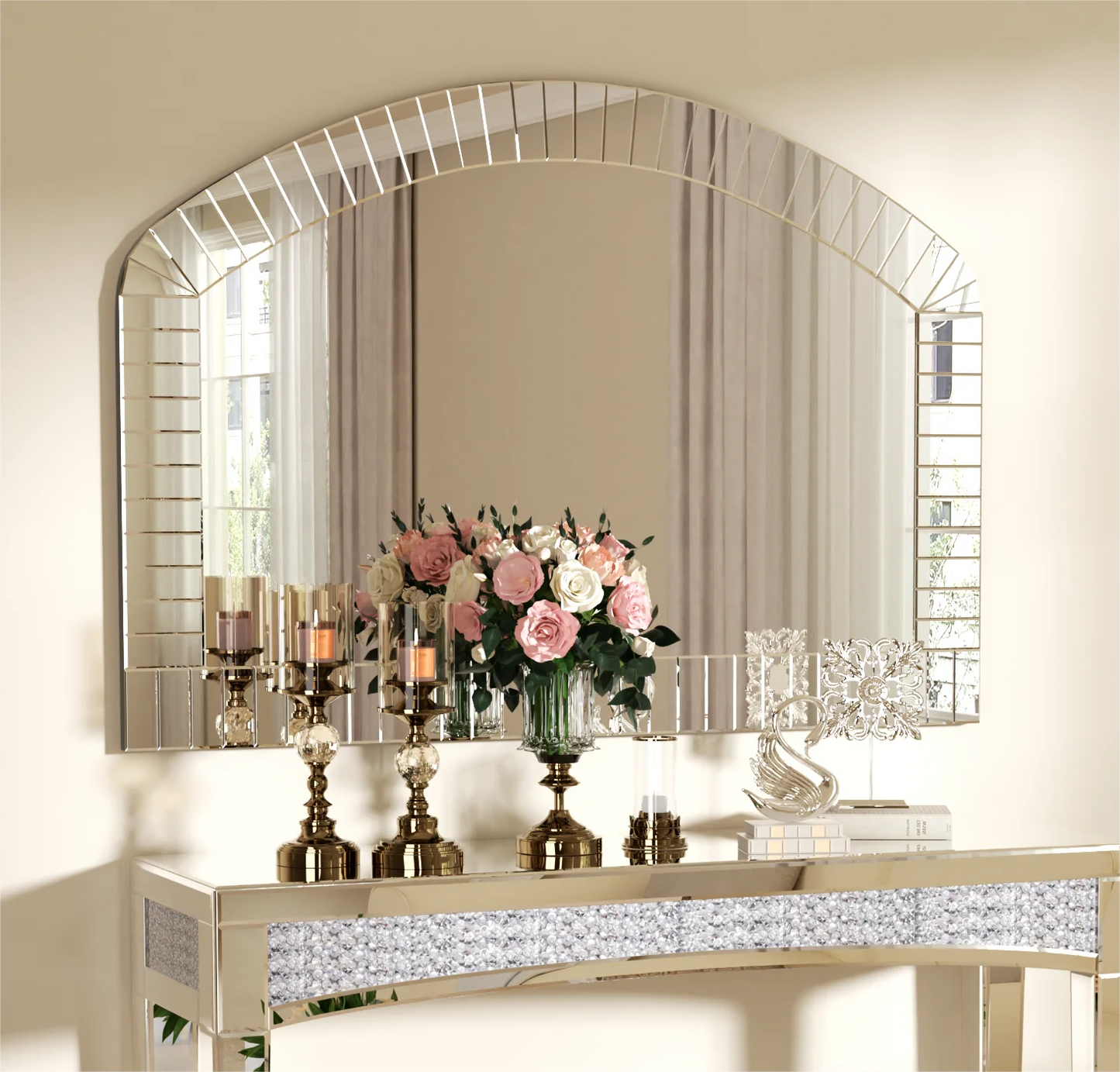 Large Silver Arched Wall Mirror With Beveled Edge Decor