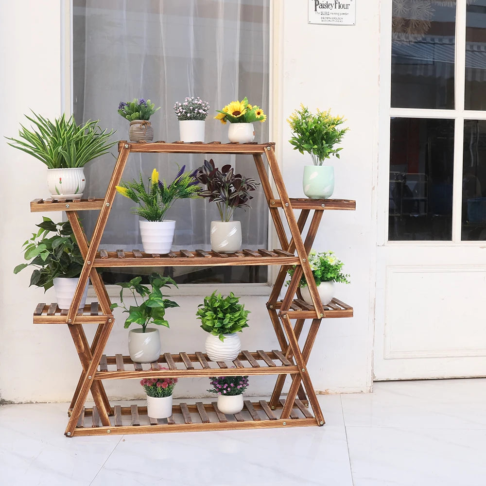 Eight Tier Wood Plant Stand For Indoor And Outdoor Display