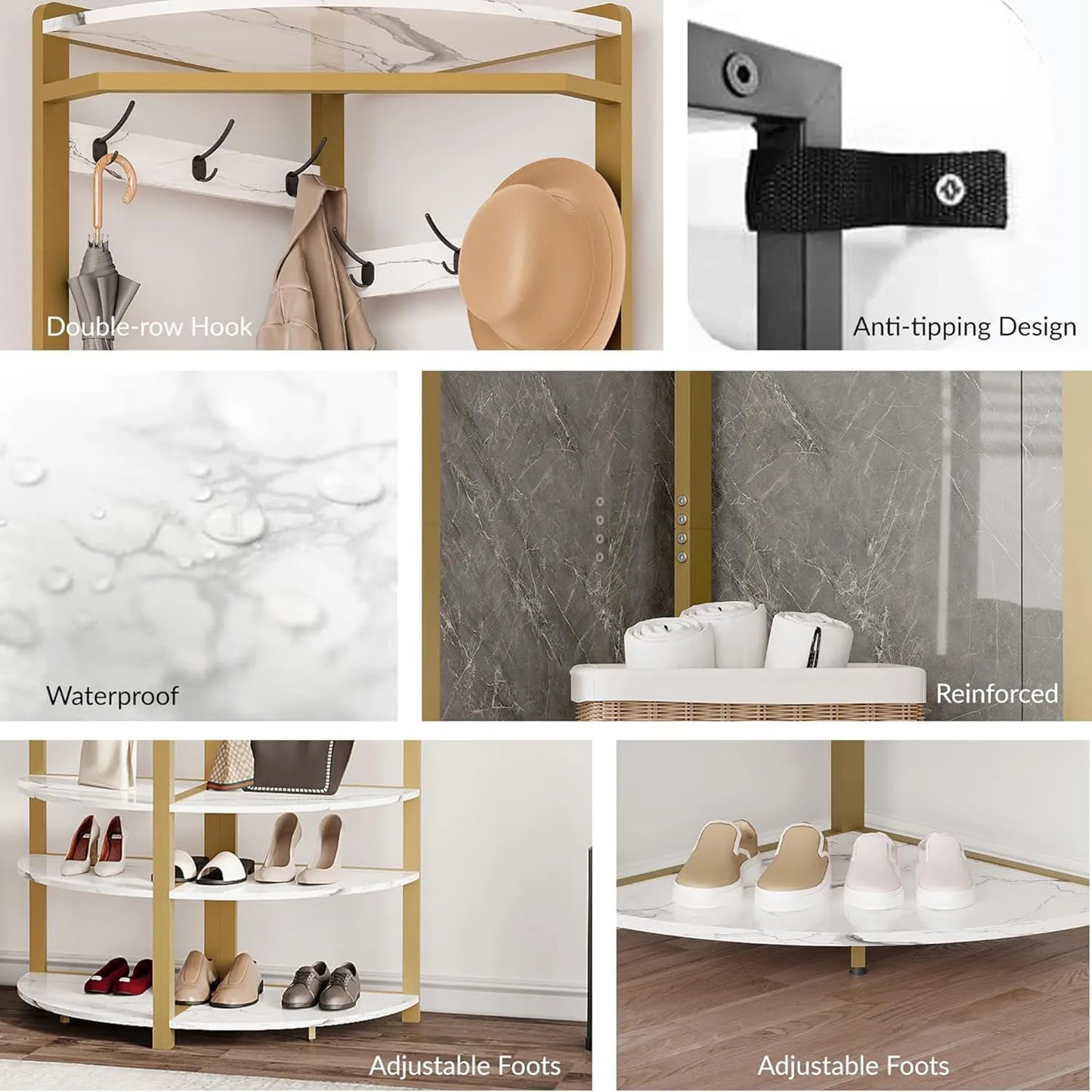 Corner Coat Rack Stand Freestanding Hall Tree with 6 Hooks & 3 Shelves,Entryway Storage for Living Room Entryway