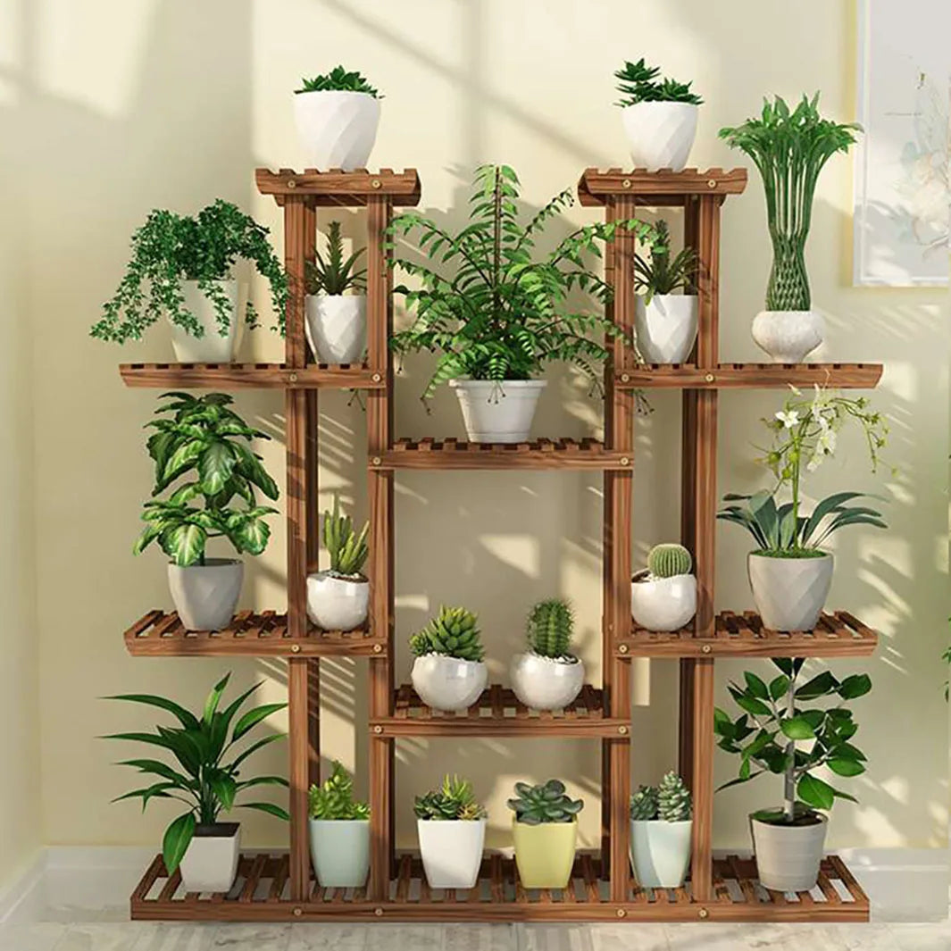 Carbonized 11 Tier Wood Plant Stand For Indoor Outdoor Display