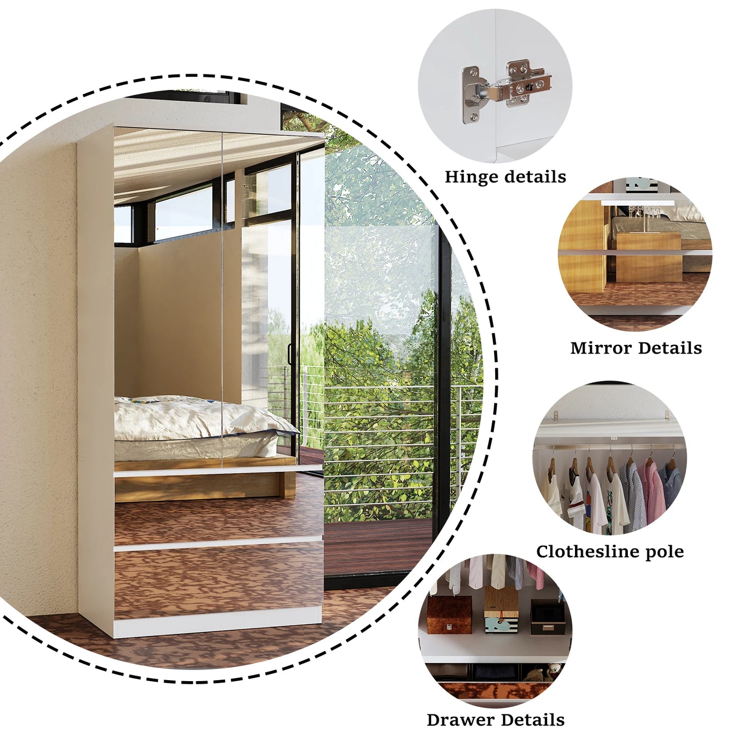 Modern Mirror Wardrobe Closet With Drawers And Hanging Rod