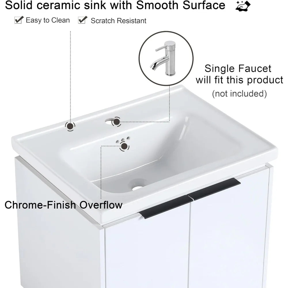 24 Floating Bathroom Vanity with Sink, 24 Inch Single Sink Wall Mounted Bathroom Vanity, with 2 Doors and White Ceramic B