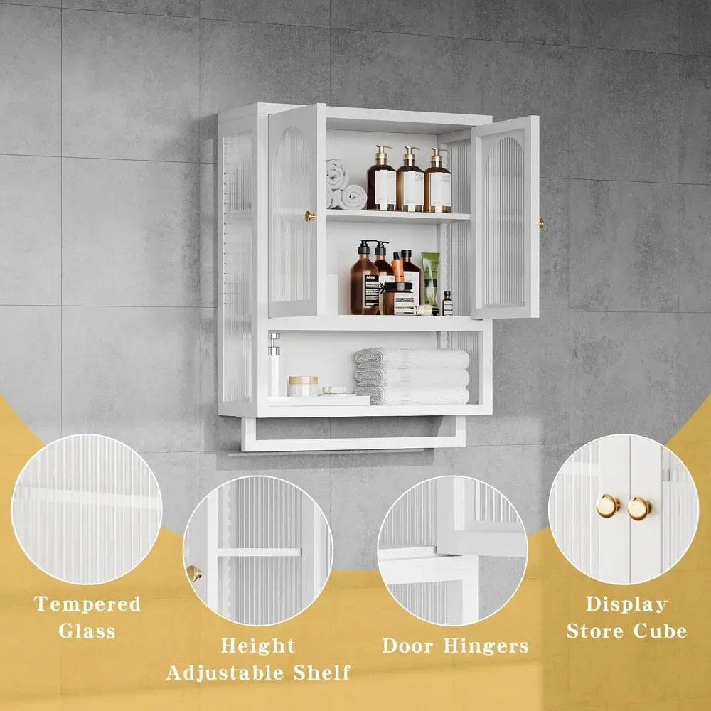 Bathroom Wall Mount Cabinet with Glass Doors and Storage Drawers