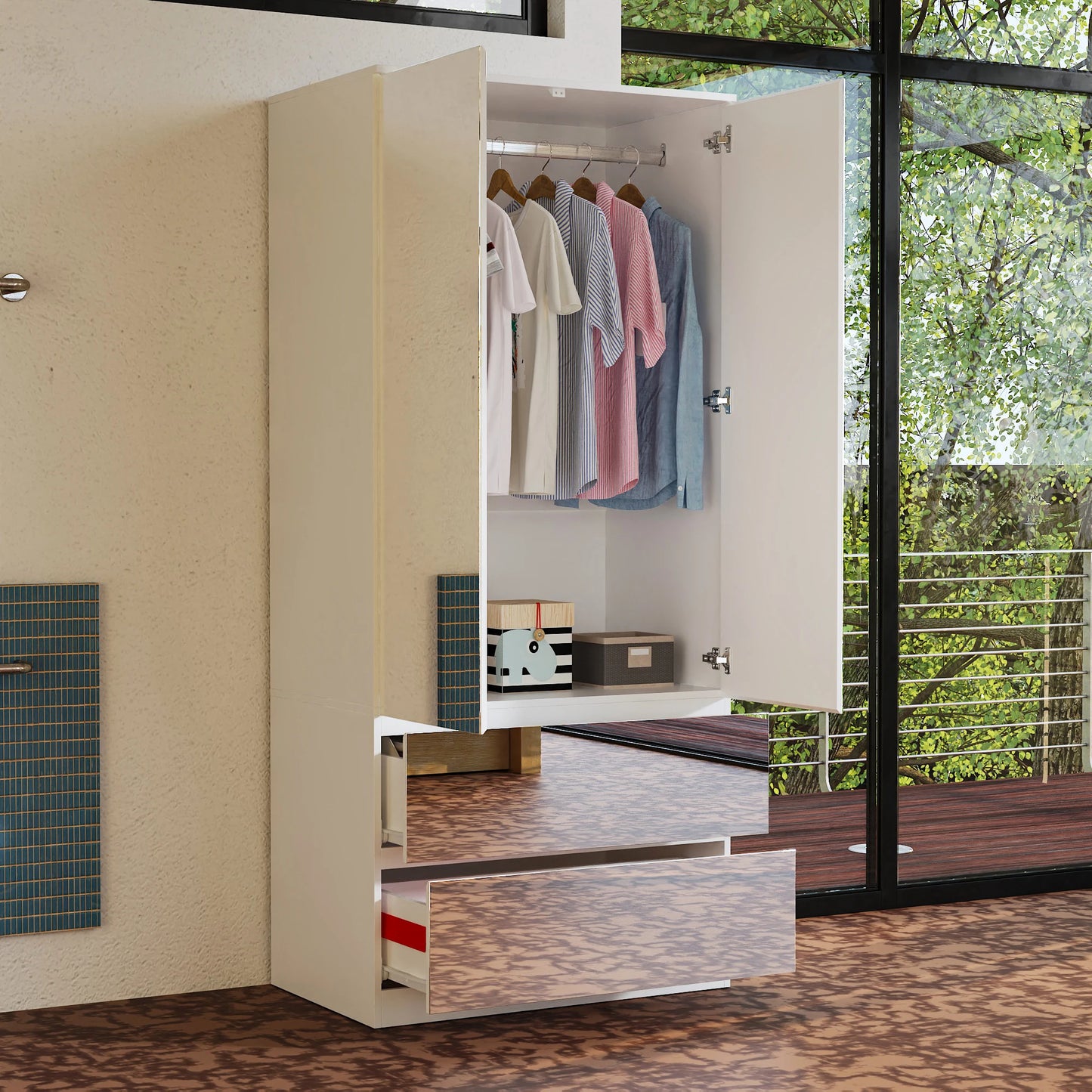 Modern Mirror Wardrobe Closet With Drawers And Hanging Rod