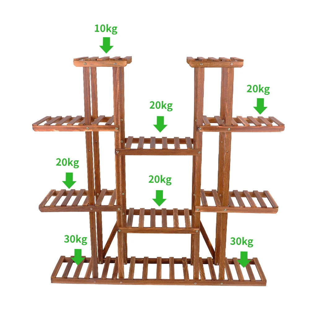 Carbonized 11 Tier Wood Plant Stand For Indoor Outdoor Display