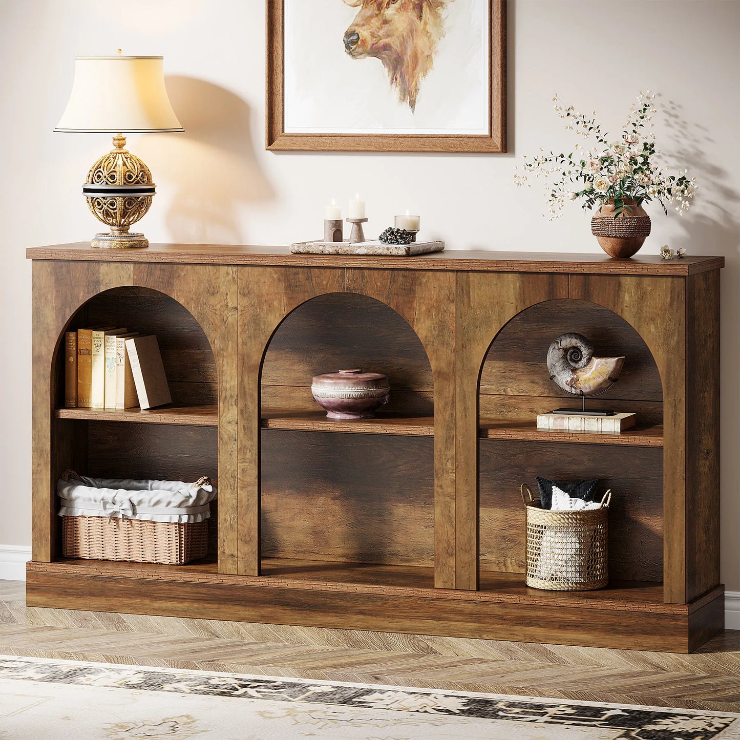 Farmhouse Console Table 63-Inch With Three-Tier Storage
