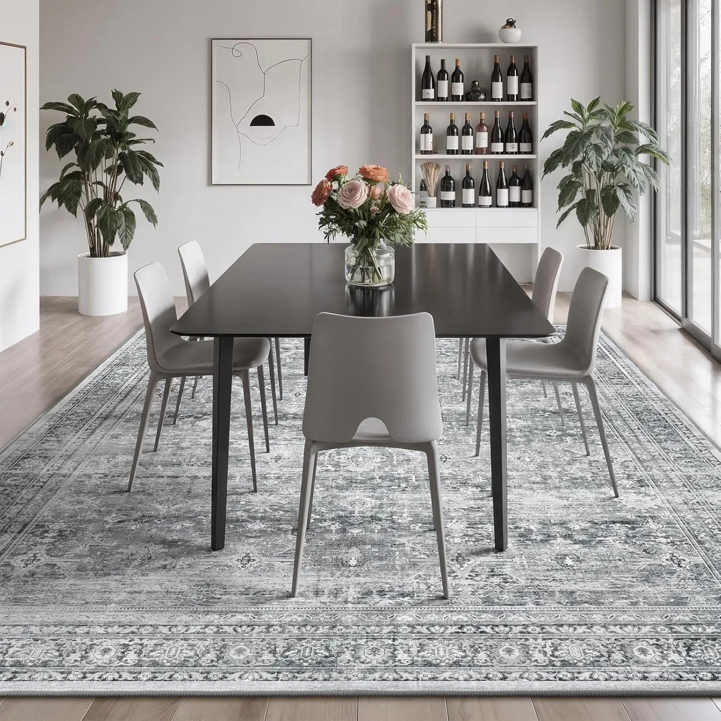8x10 Washable Area Rug with Non-Slip Backing, Soft Grey Floral Carpet for Living Room Bedroom Dining Office Nursery