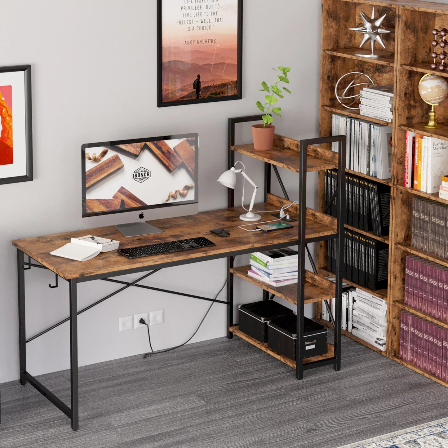 IRONCK Computer Desk 47" with Power Outlet & Storage Shelves, Study Writing Table with USB Ports Charging Station