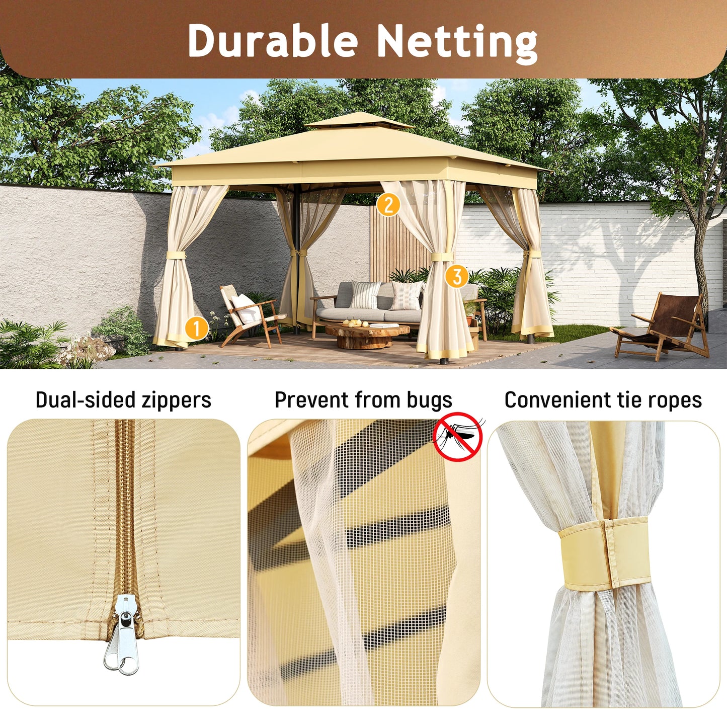 Durable Steel Frame Patio Gazebo With Sun Shade Top