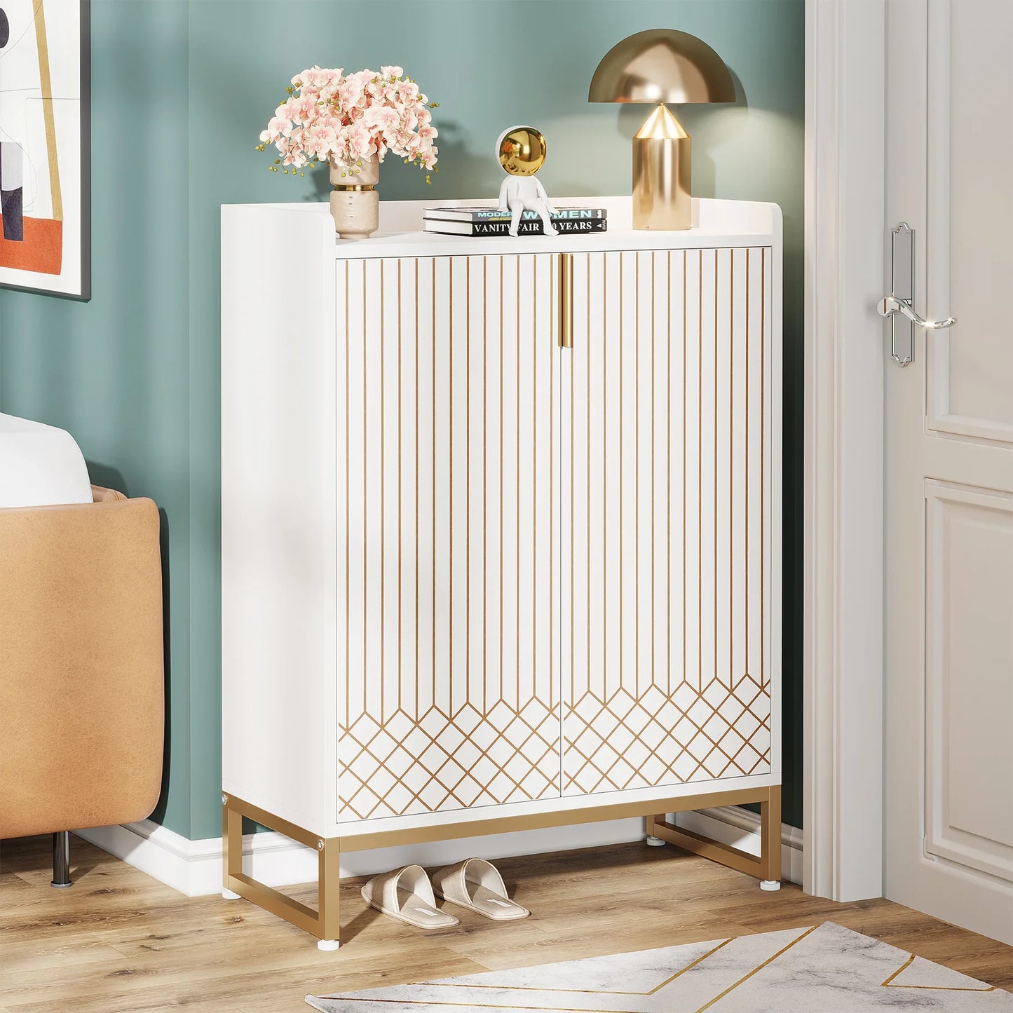 Tribesigns White Shoe Cabinets with Doors, 5-Tier Shoe Rack, Wood Storage Cabinet for Bedroom Hallway Living Room