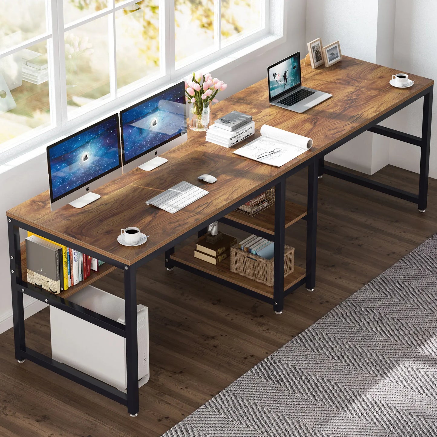 Two Person Desk With Bookshelf For Shared Computer Workspace