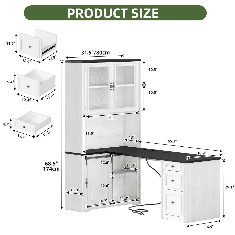 White L Shaped Executive Desk With Power Outlet And Drawers