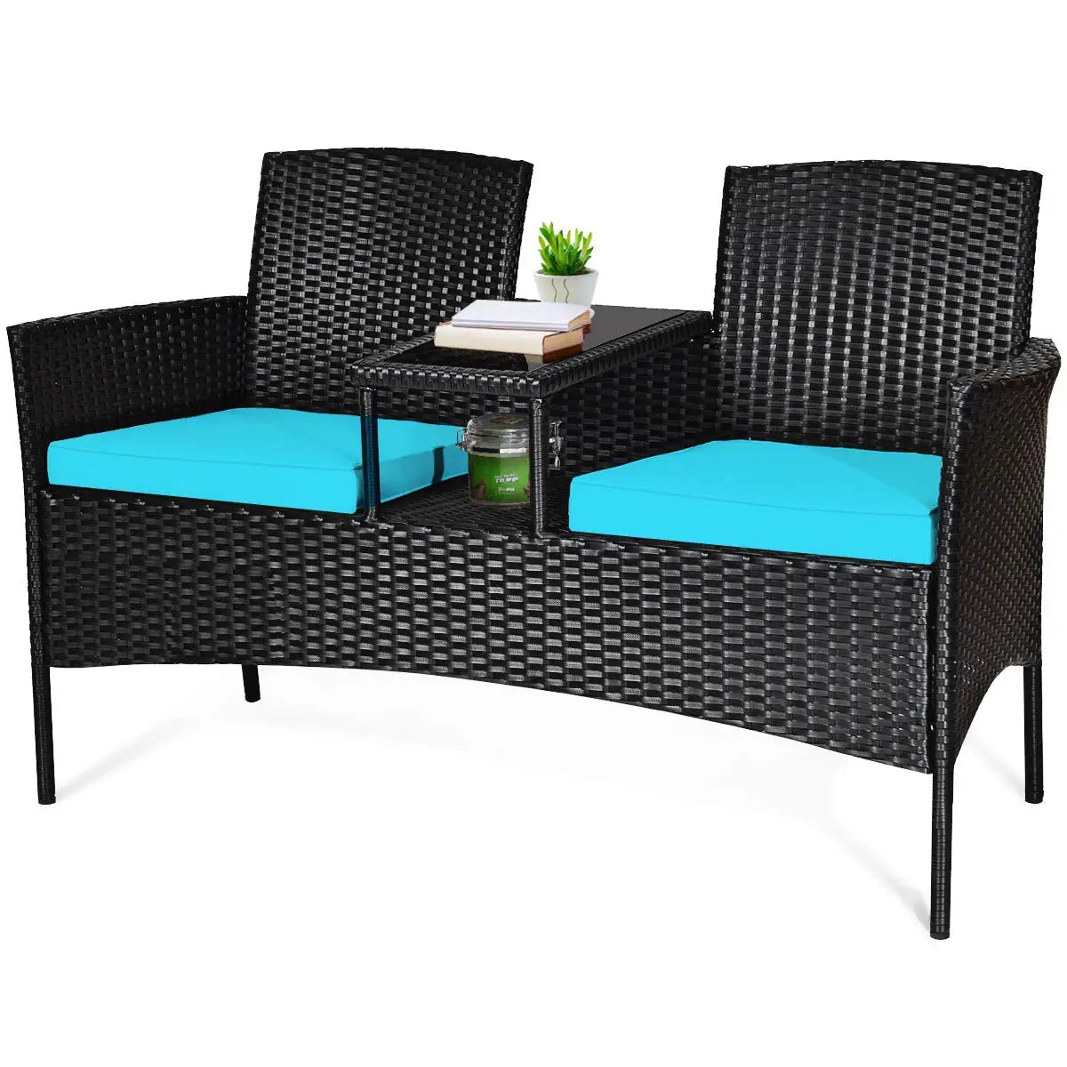 Outdoor Rattan Loveseat Patio Set With Cushions And Table Weatherproof