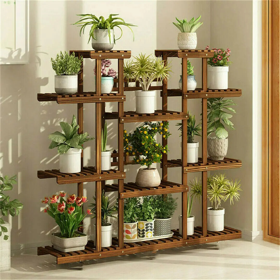 Carbonized 11 Tier Wood Plant Stand For Indoor Outdoor Display