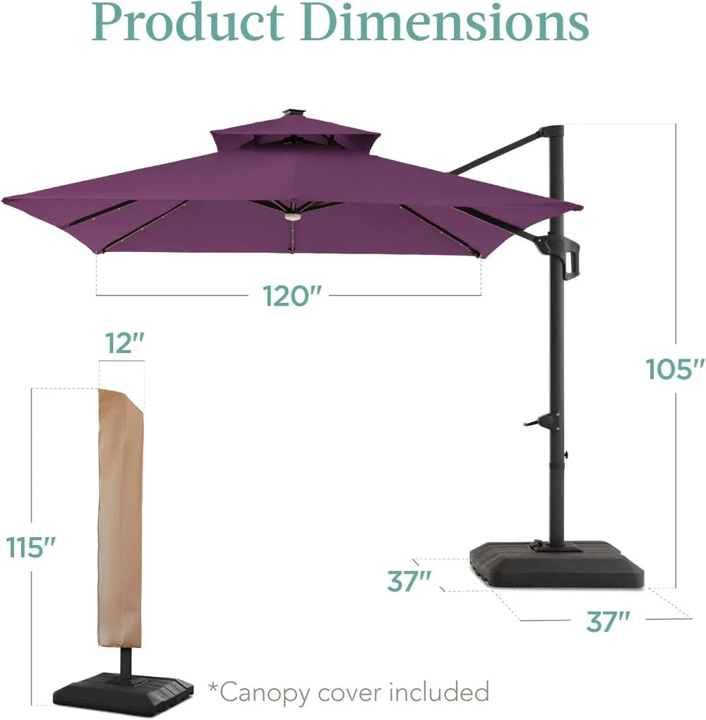 10x10ft Cantilever Patio Umbrella w/Base Included, Solar LED Lights 360 Rotation Large Offset Hanging Outdoor Shade for Deck