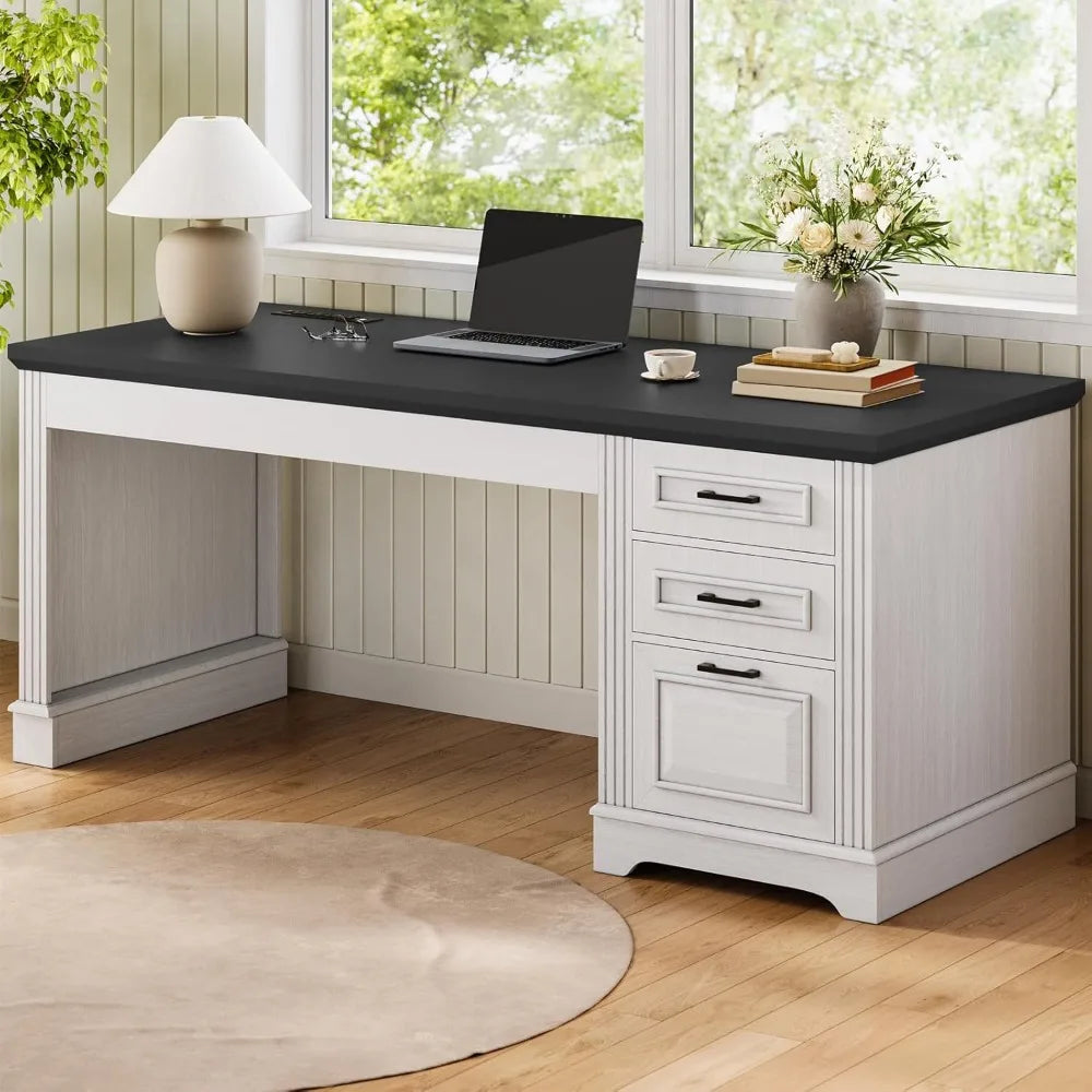 Farmhouse 55" Executive Desk, Computer Desk with Storage Drawers and Power Outlet, Home Office Desk, Workstation for Office Hom