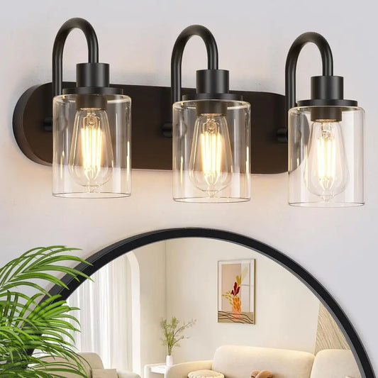 Bathroom Light Fixtures, Black Vanity Light Farmhouse Wall Sconces with Clear Glass Shade, Modern Bathroom Wall Lamp for Mirror