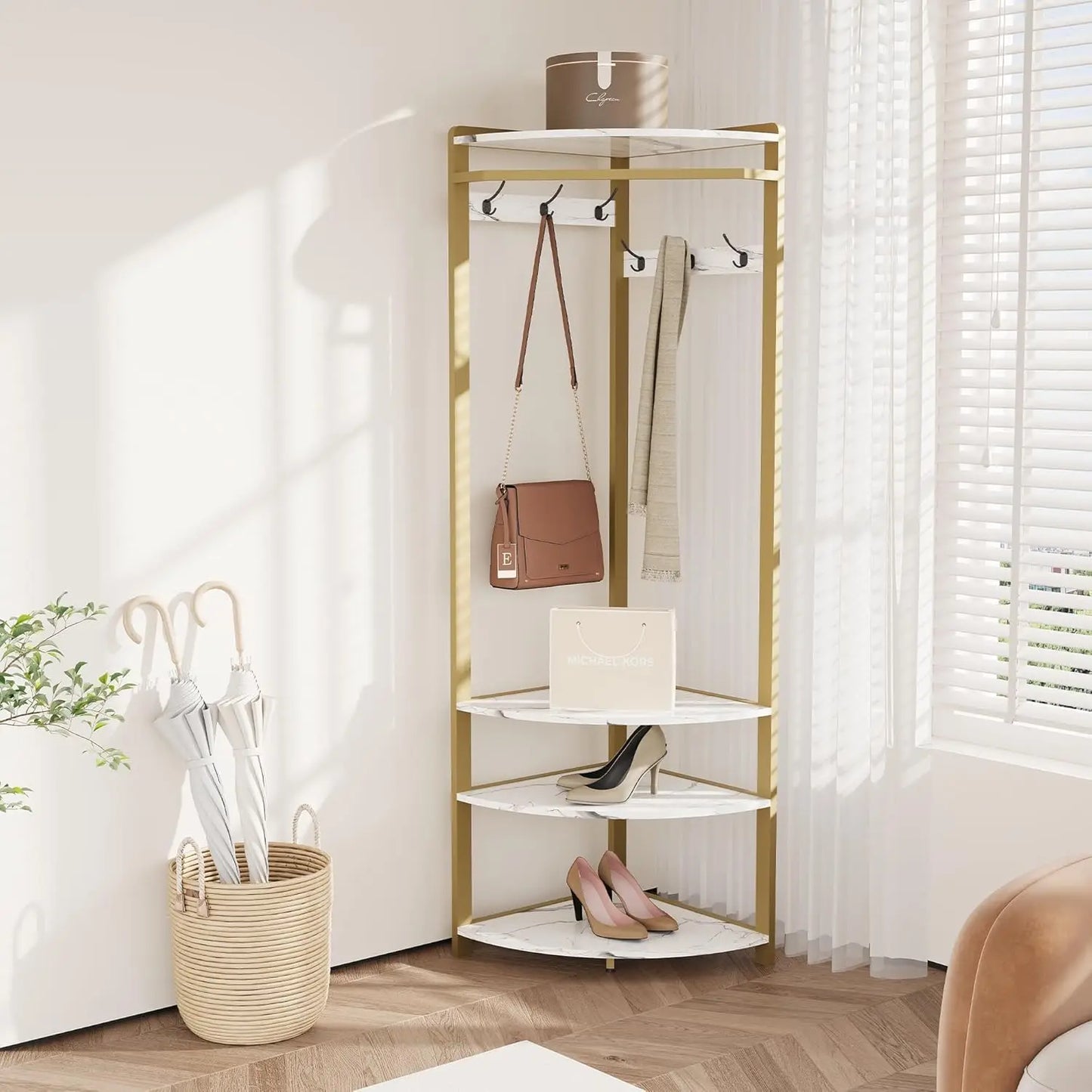 Corner Coat Rack Stand Freestanding Hall Tree with 6 Hooks & 3 Shelves,Entryway Storage for Living Room Entryway