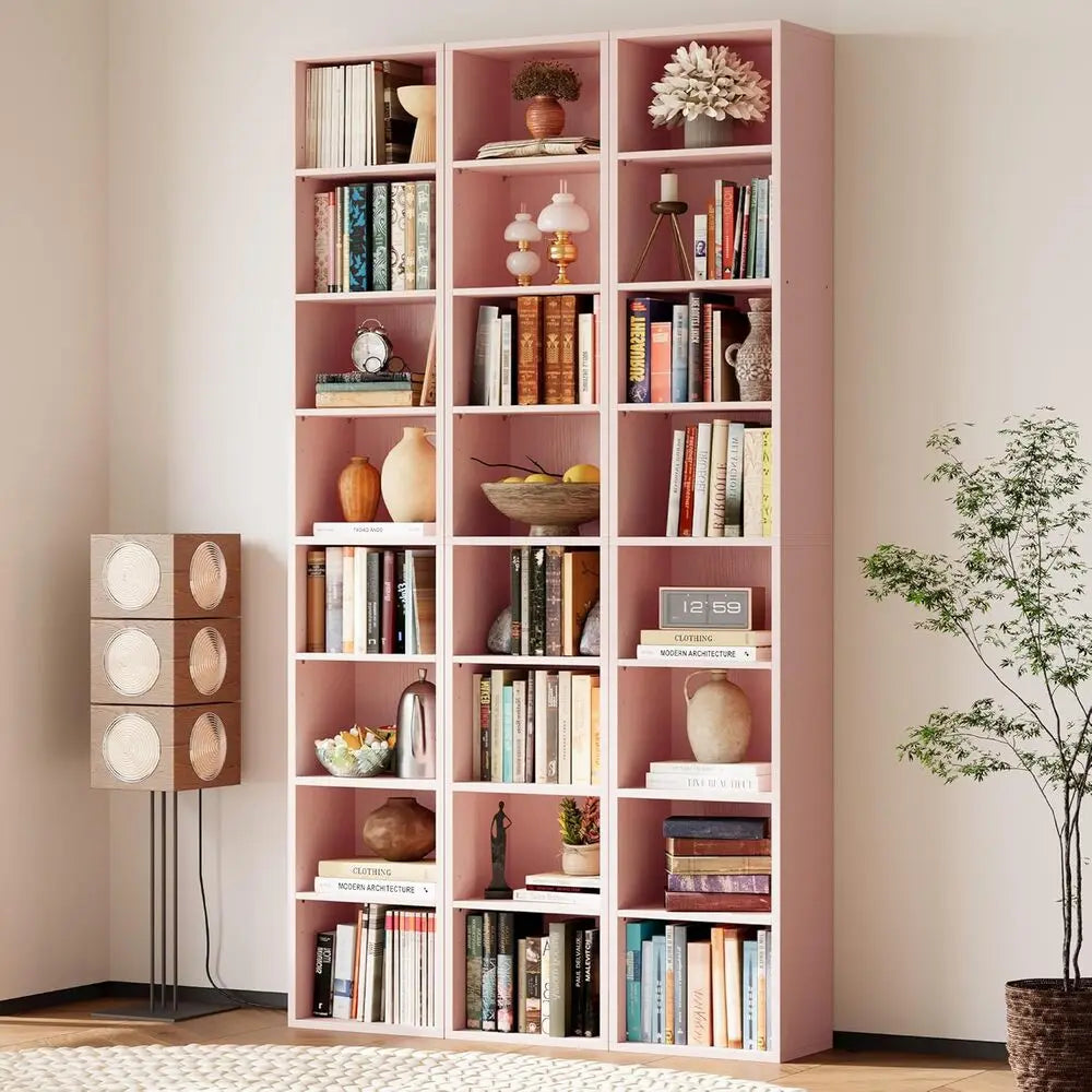 Ironck Tall Narrow Bookshelf 8 Tiers Pink Corner Unit