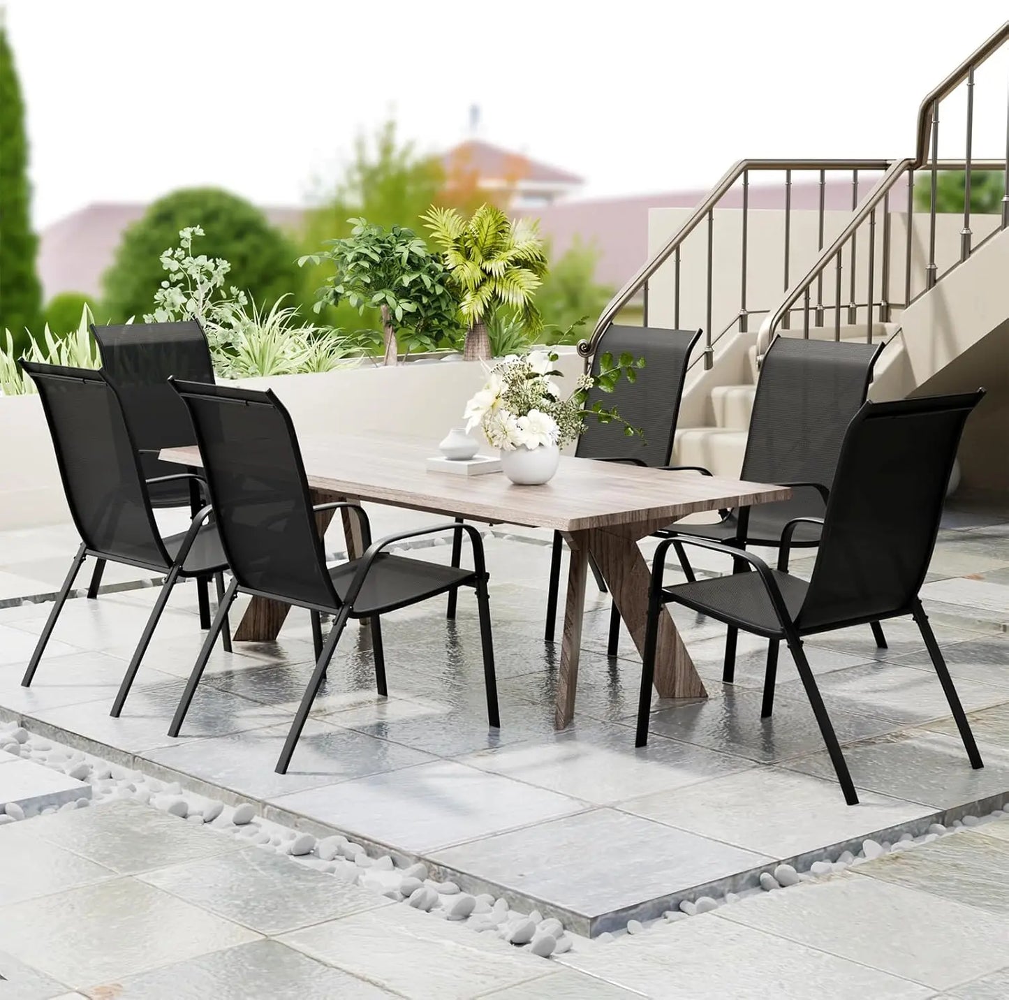 Set Of 6 Patio Chairs Stackable Outdoor Dining All Weather