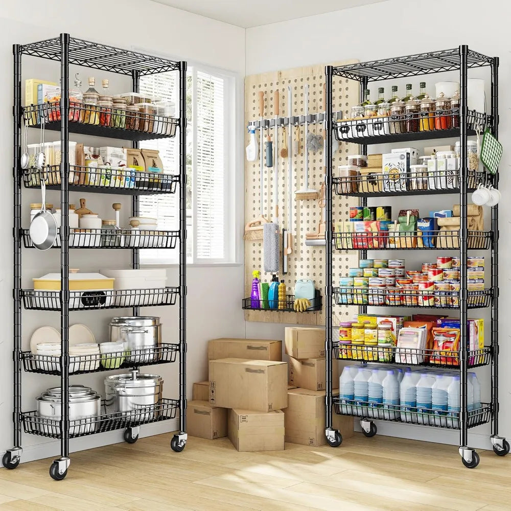 7 Tier Wire Shelving with Wheels 72" H Adjustable Basket Shelf Storage Shelves with Hooks for Kitchen Bathroom Pantry Shelves Cl