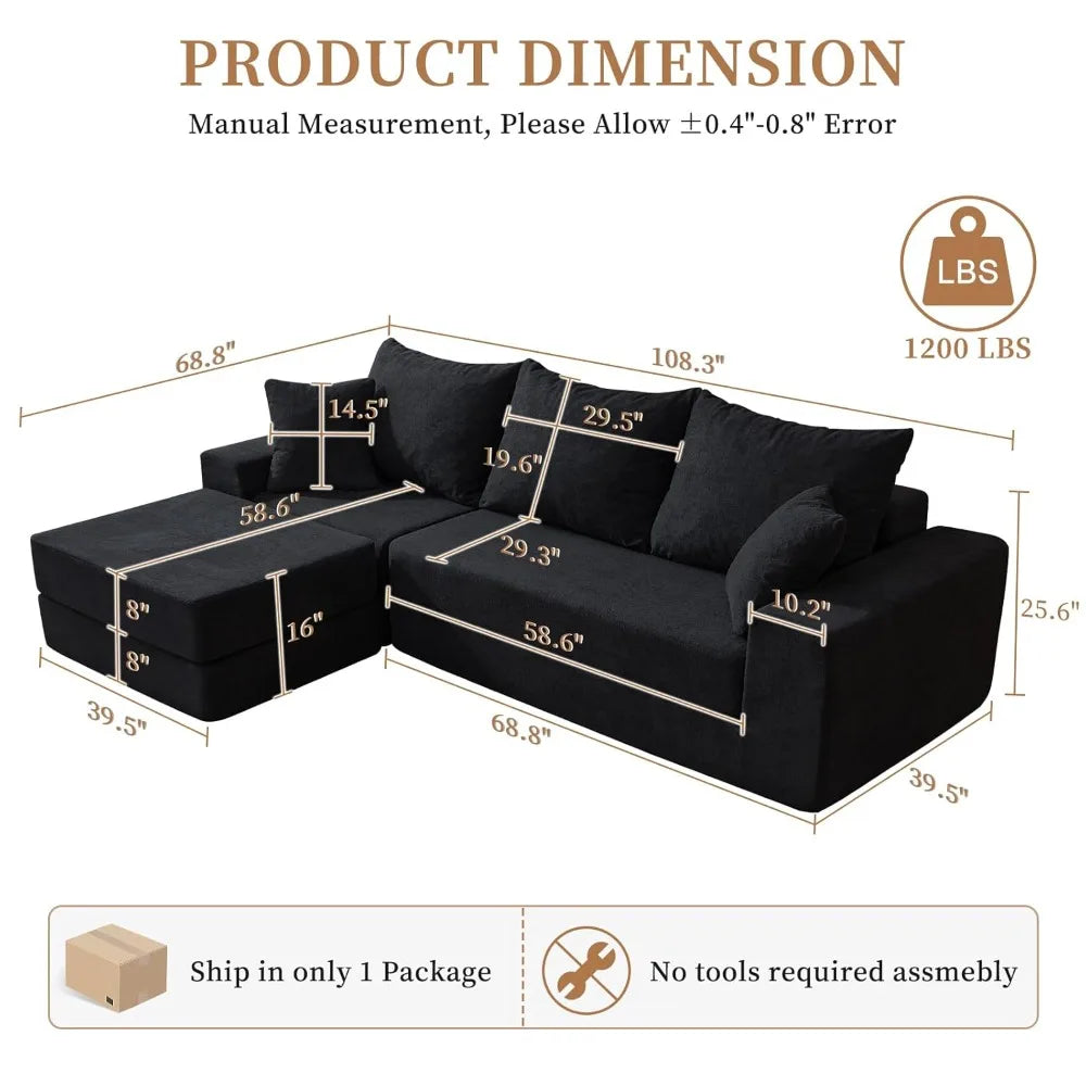 108'' Modular Sectional Couch, Modern 3-Seater Boneless Cloud Sleeper Sofa, L-Shaped Convertible Sectional with, Customized