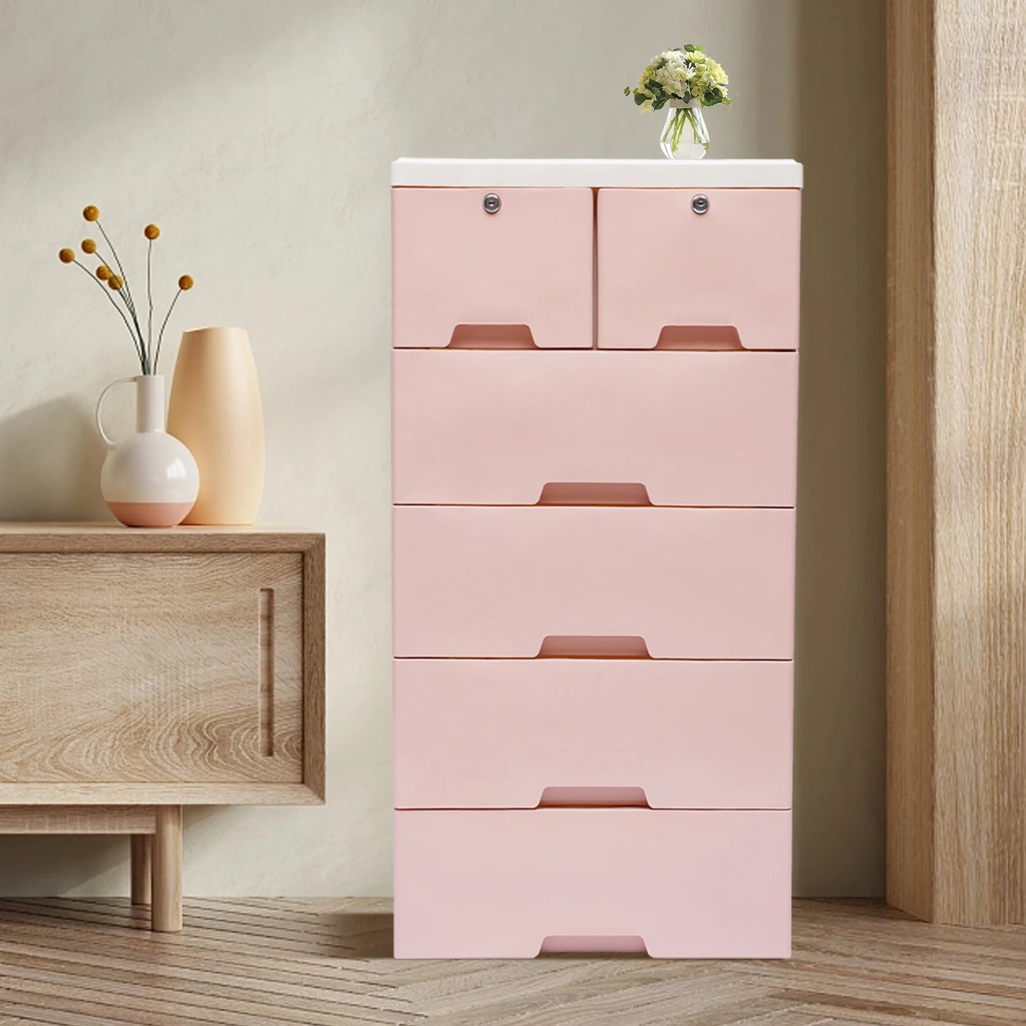 Pink Versatile Storage Cabinet with 6 Drawers and Lock Wheels Large Capacity Convenient Storage Organizer For Bedroom Nursery