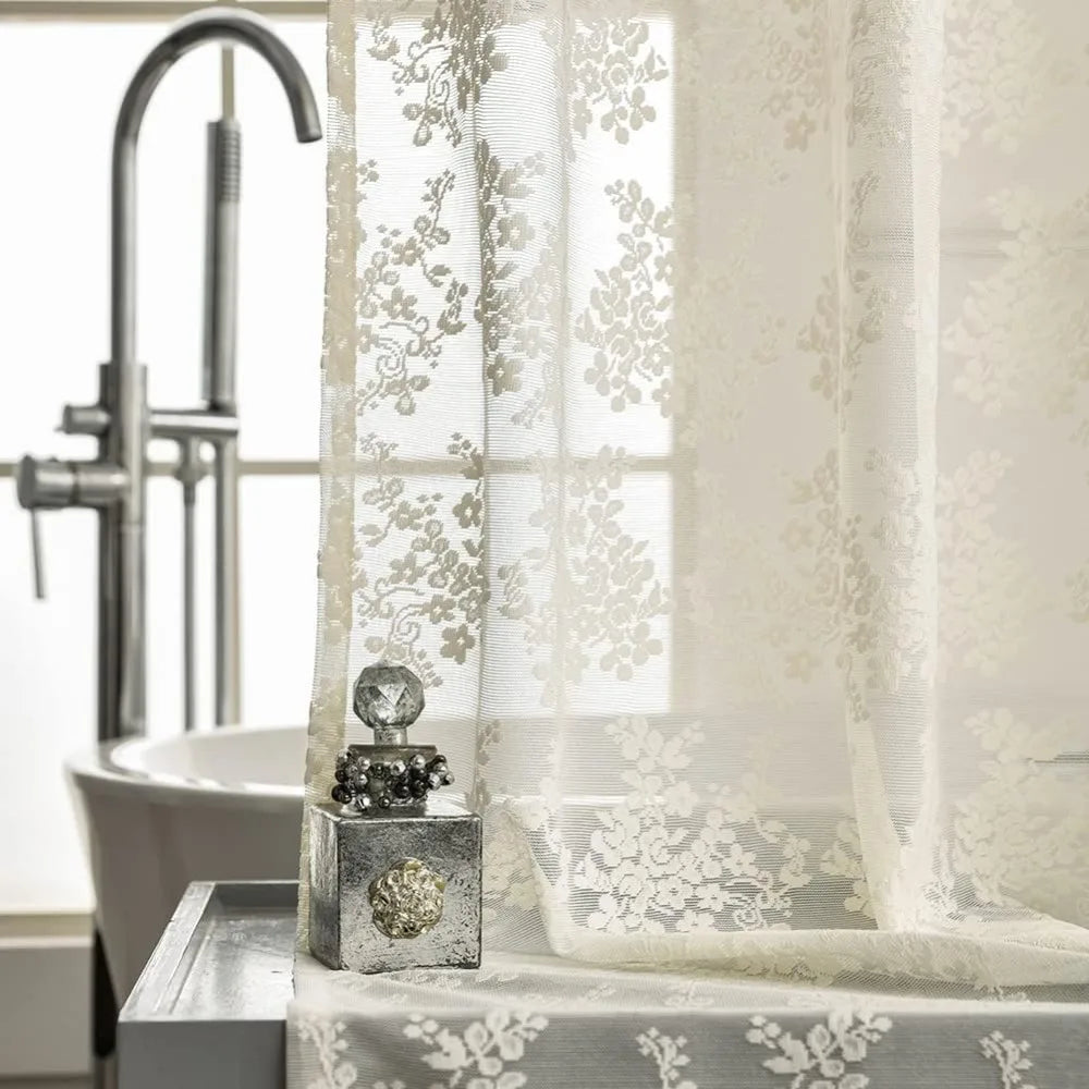 Ivory Lace Shower Curtain With Attached Valance Exquisite VintageChic FloralPatterns