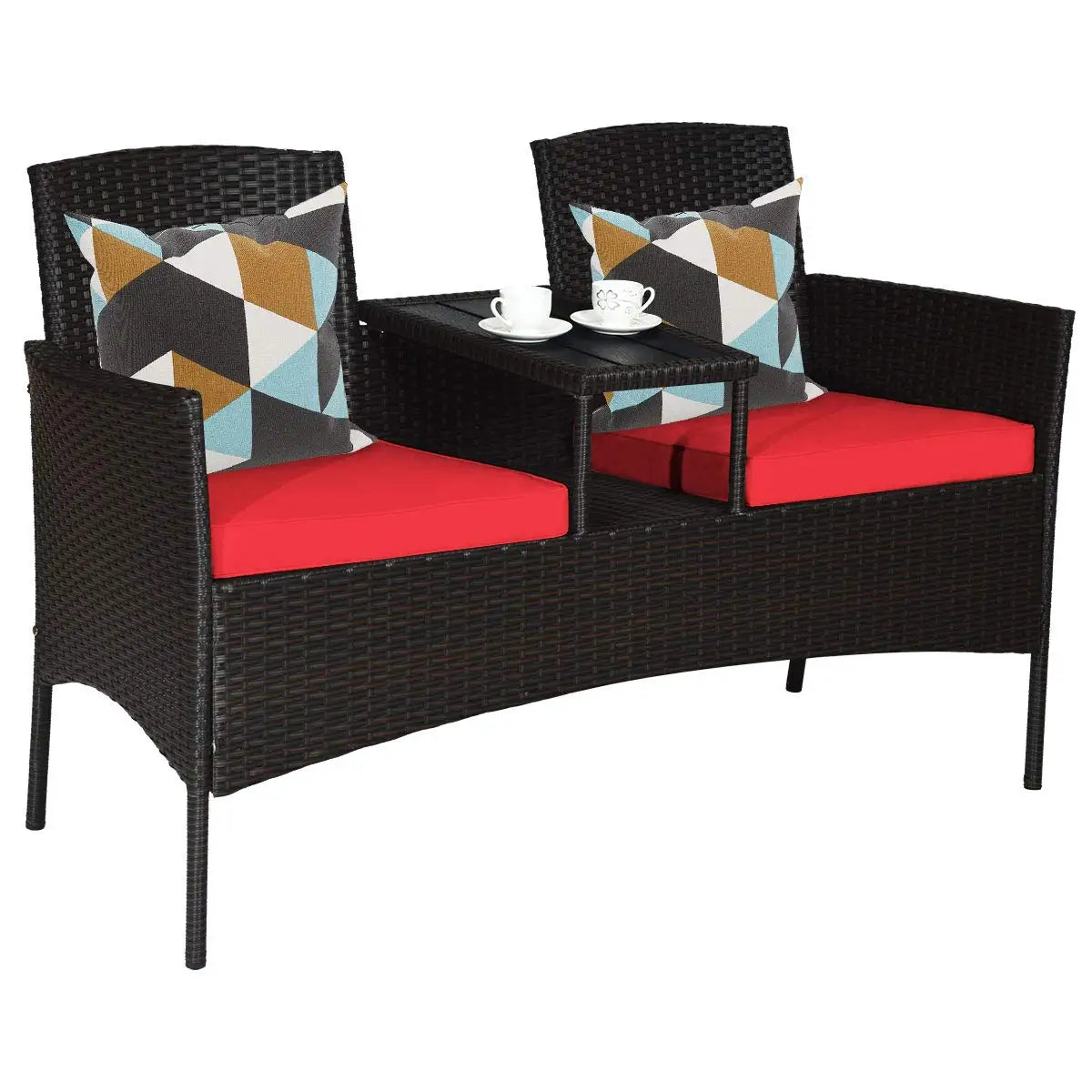 Outdoor Rattan Loveseat Patio Set With Cushions And Table Weatherproof