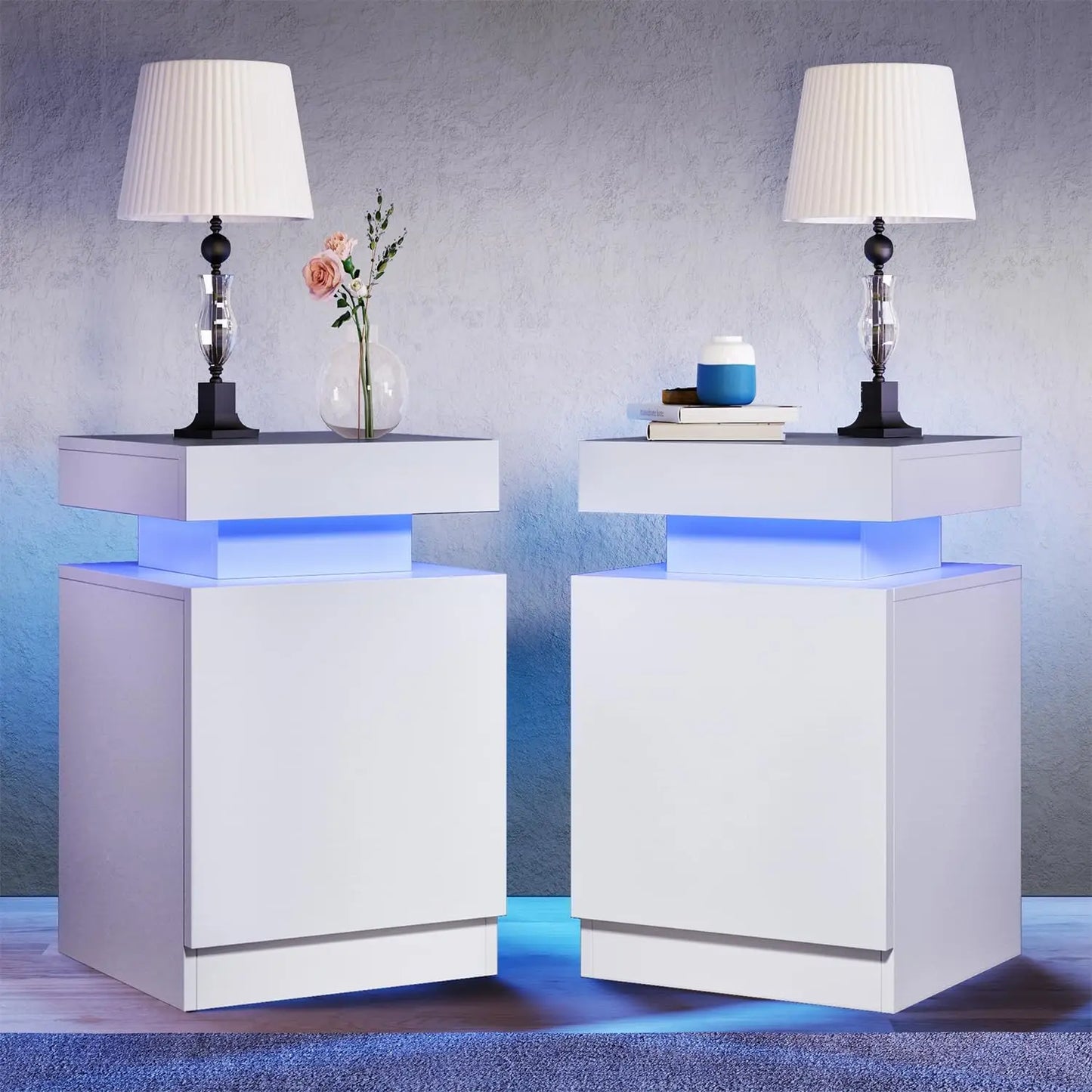 Modern Nightstand Set of 2 with LED Lights and Storage Cabinet