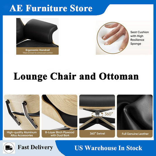 Top Grain Genuine Leather Lounge chair Furniture Swivel Armchair with Stool Ottoman for Living Room