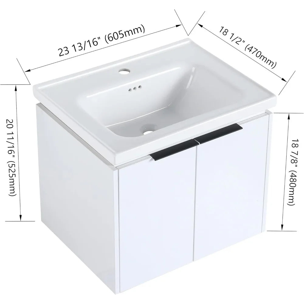 24 Floating Bathroom Vanity with Sink, 24 Inch Single Sink Wall Mounted Bathroom Vanity, with 2 Doors and White Ceramic B