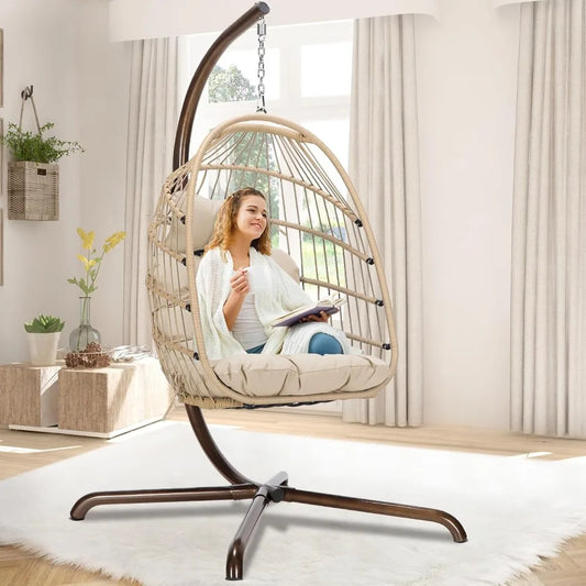 Beige Hanging Swing Chair with Stand Heavy Duty Patio Egg Chair