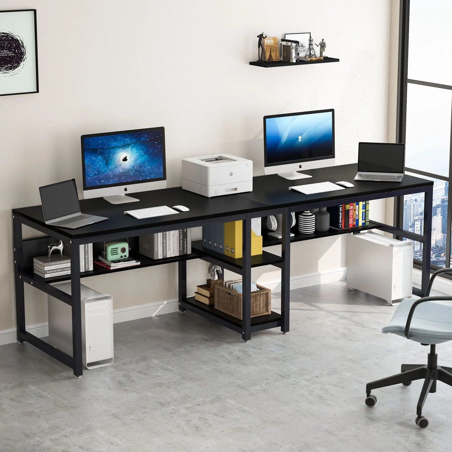 Two Person Desk With Bookshelf For Shared Computer Workspace