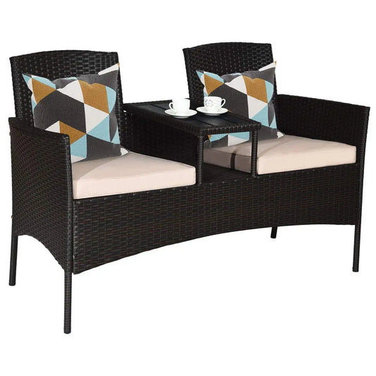 Outdoor Rattan Loveseat Patio Set With Cushions And Table Weatherproof