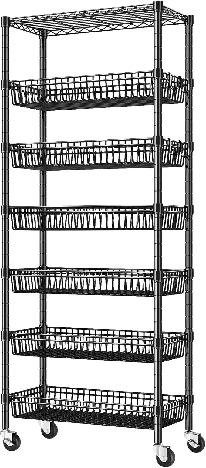 7 Tier Wire Shelving with Wheels 72" H Adjustable Basket Shelf Storage Shelves with Hooks for Kitchen Bathroom Pantry Shelves Cl