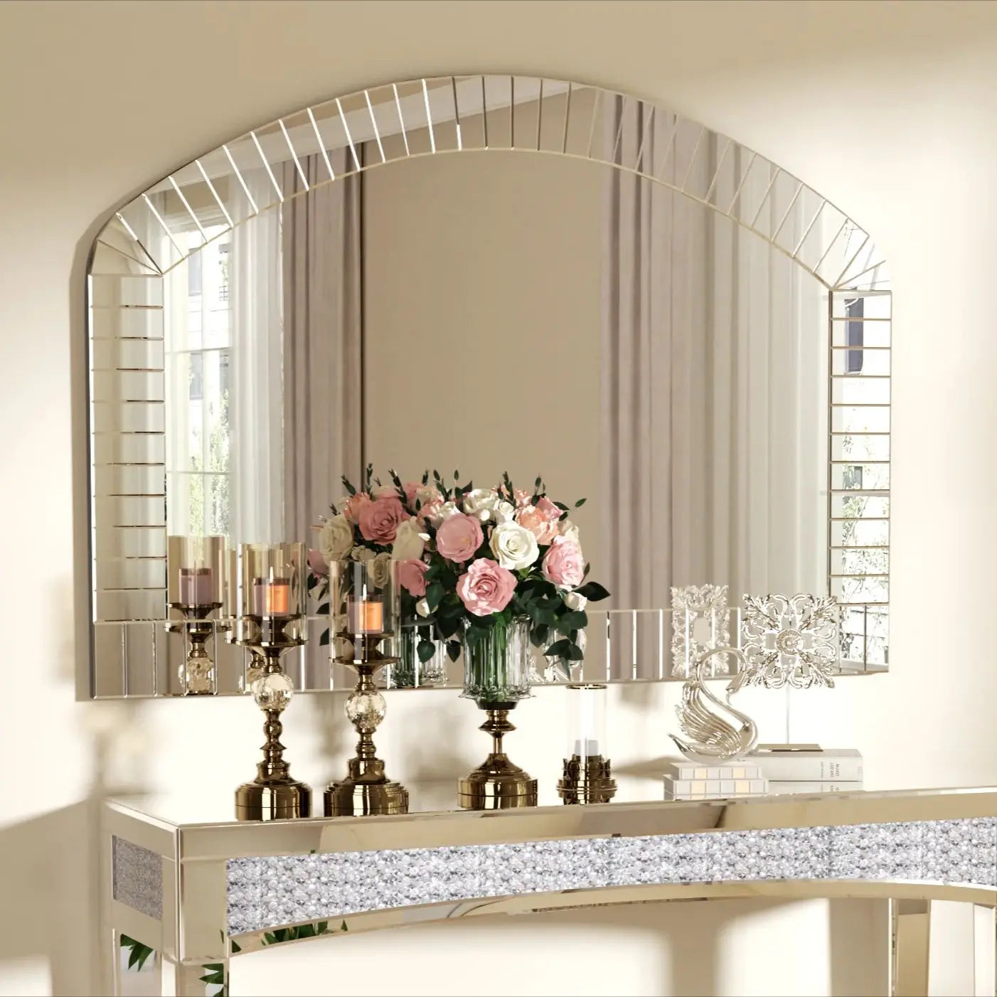 Large Silver Arched Wall Mirror Beveled Edge Accent Decor