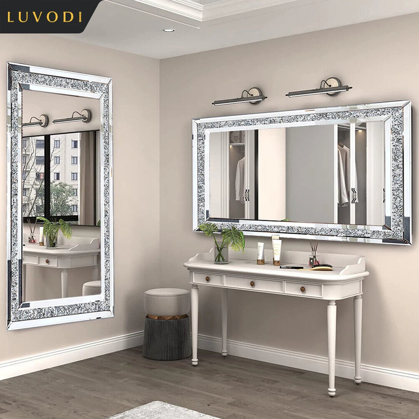 Frameless Crystal Vanity Mirror With Rhinestone Accents