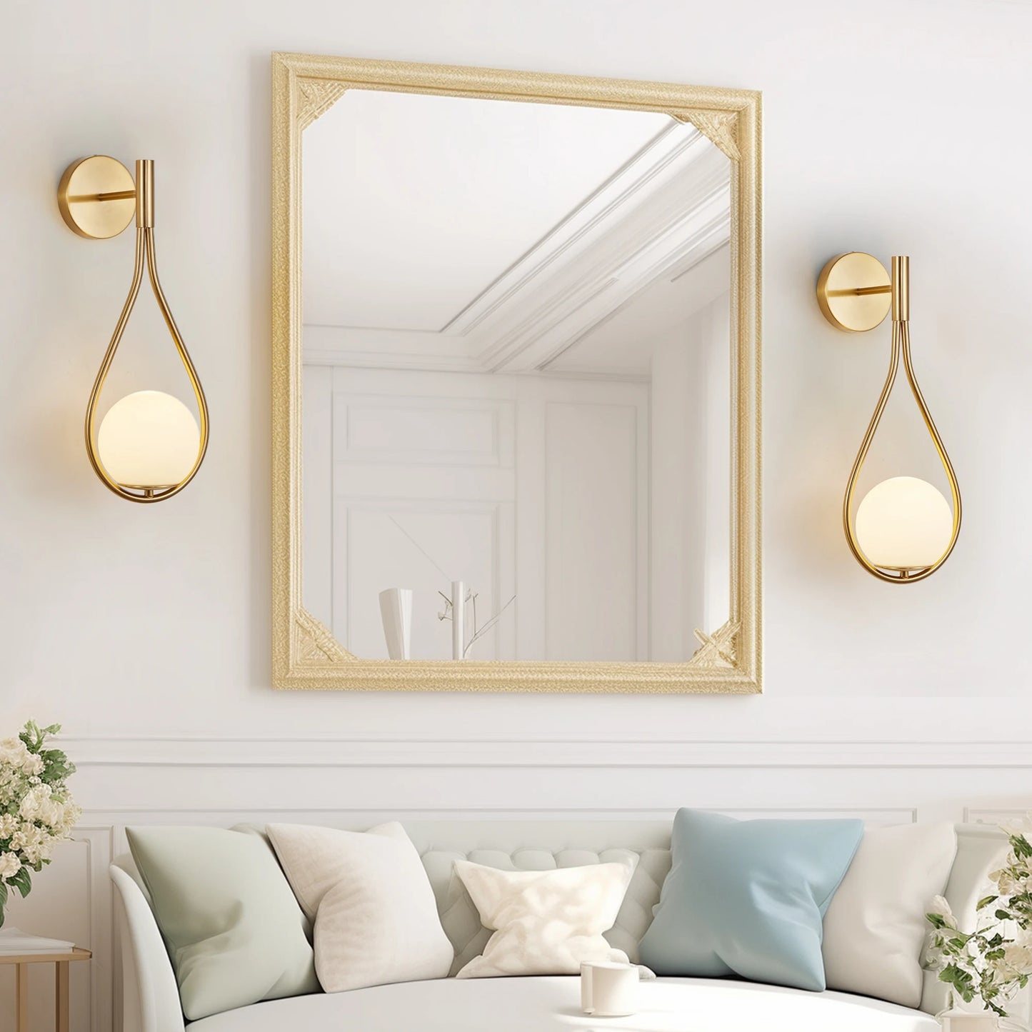 Set of 2 Modern Golden Wall Sconces with Opal Glass Globe, Mid-Century Design, Luxury Wall Lights for Bedroom, Living Room, etc