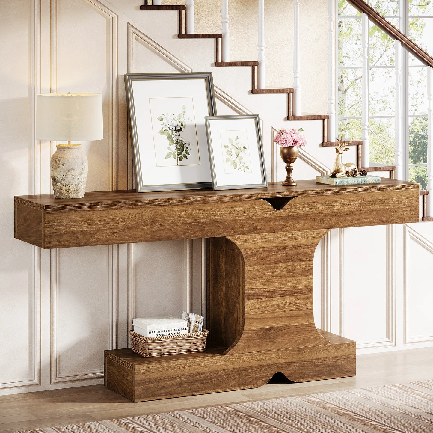 Tribesigns 63-Inch Console Table, Long Sofa Table Behind Couch, Wood Entryway Table for Hallway, Entrance, Living Room, Walnut