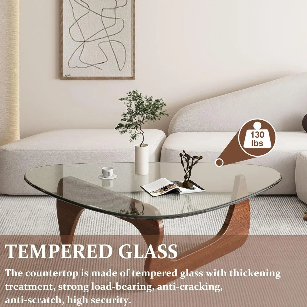 Modern Triangle Glass Coffee Table with Wooden Base for Living Room